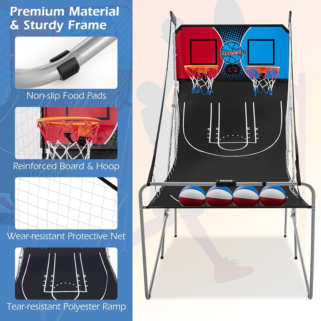Goplus Foldable Dual Shot Basketball Arcade Game, Electronic Basketball Hoop w/LCD Scoreboard, 8 Game Modes, 4 Balls, Indoor Outdoor Basketball Game Machine for Adults (Red+Navy)