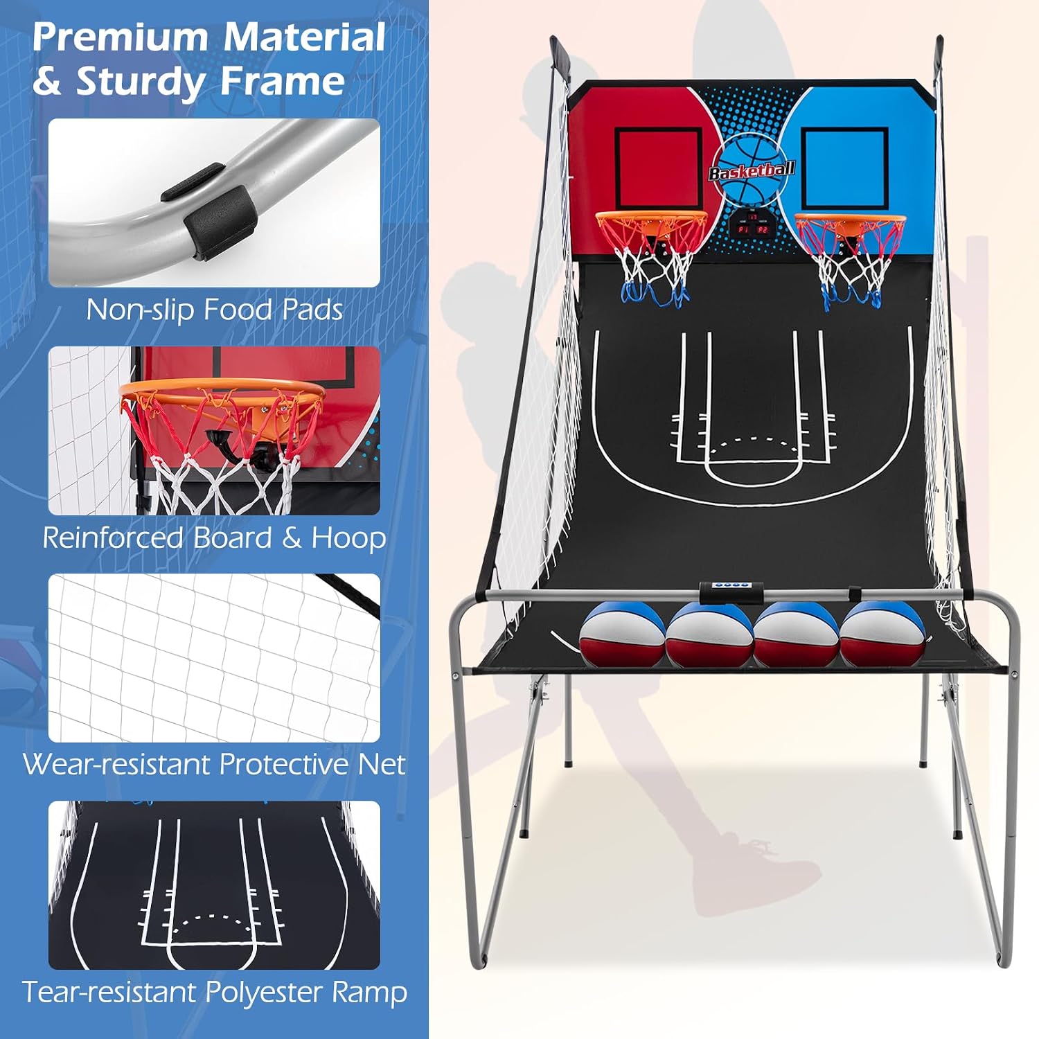 Goplus Foldable Dual Shot Basketball Arcade Game, Electronic Basketball Hoop w/LCD Scoreboard, 8 Game Modes, 4 Balls, Indoor Outdoor Basketball Game Machine for Adults (Red+Navy)