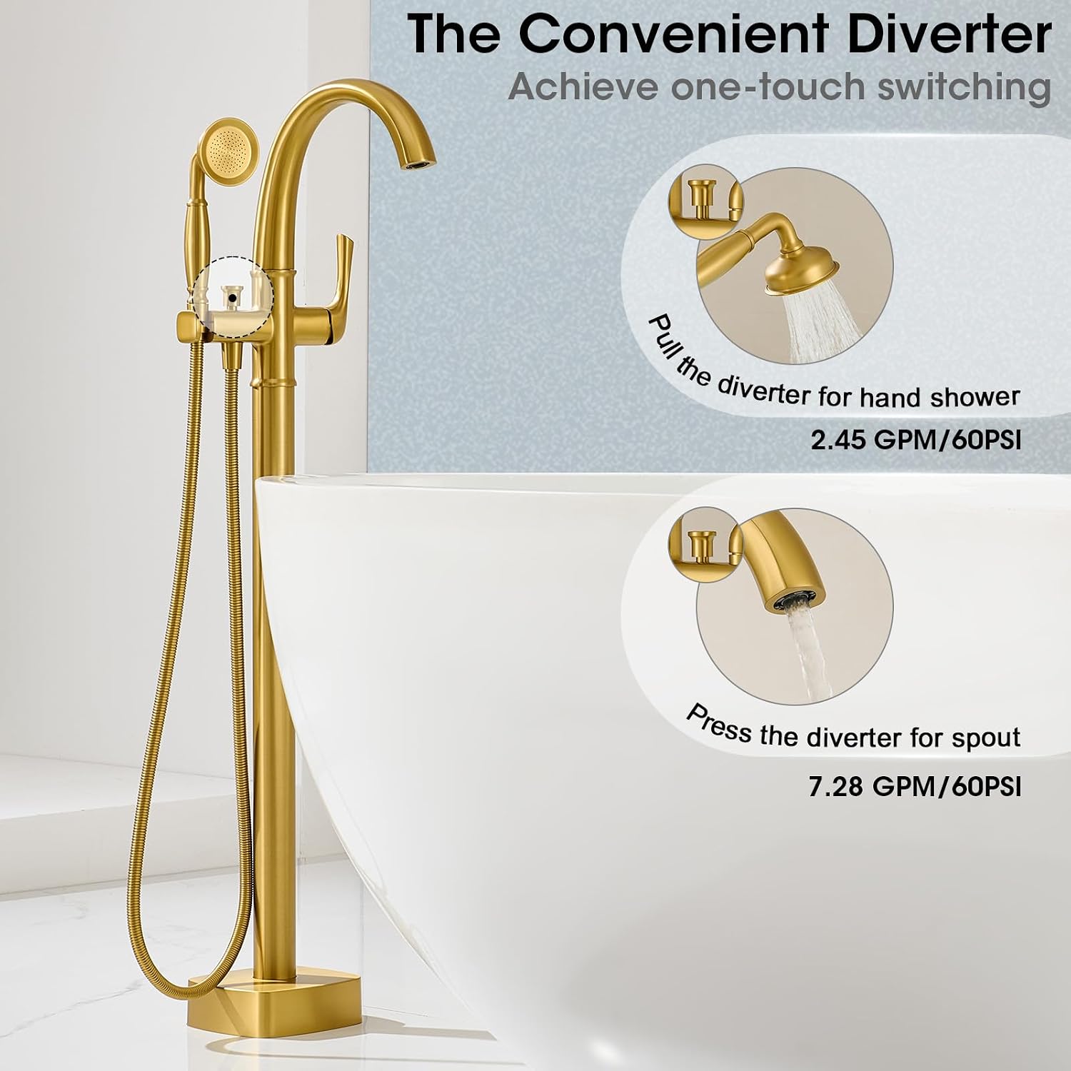 Free Standing Tub Faucet, Jabbol Luxury Freestanding Bathtub Faucet with Sprayer, Brass Bathroom Floor Mount Tub Filler, Brushed Gold (JB-8811BG)