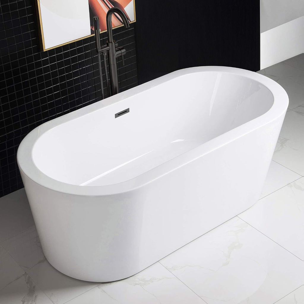 WOODBRIDGE 59' Acrylic Freestanding Bathtub Contemporary Soaking White Tub with Matte Black Overflow and Drain，B0012 -MB-Drain &O