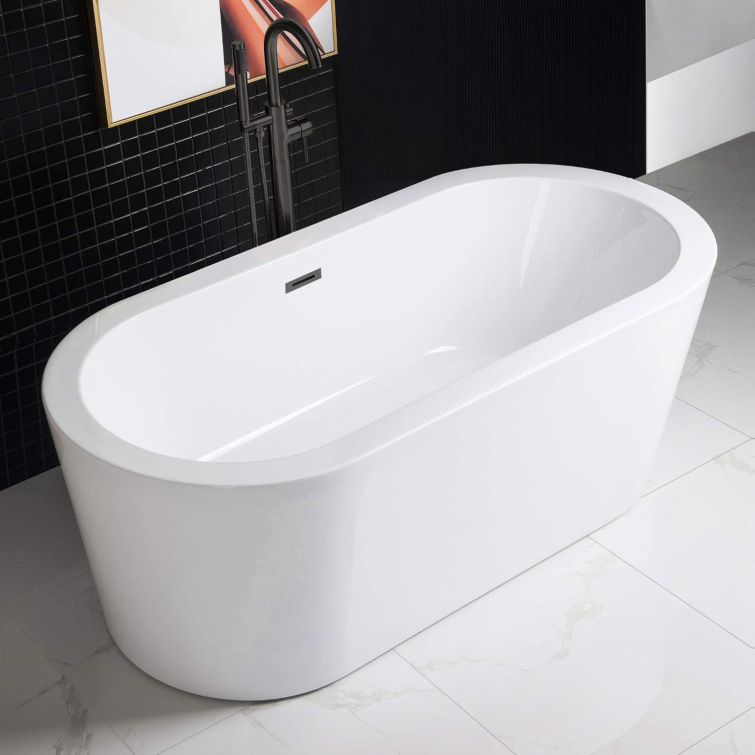 WOODBRIDGE 59' Acrylic Freestanding Bathtub Contemporary Soaking White Tub with Matte Black Overflow and Drain，B0012 -MB-Drain &O