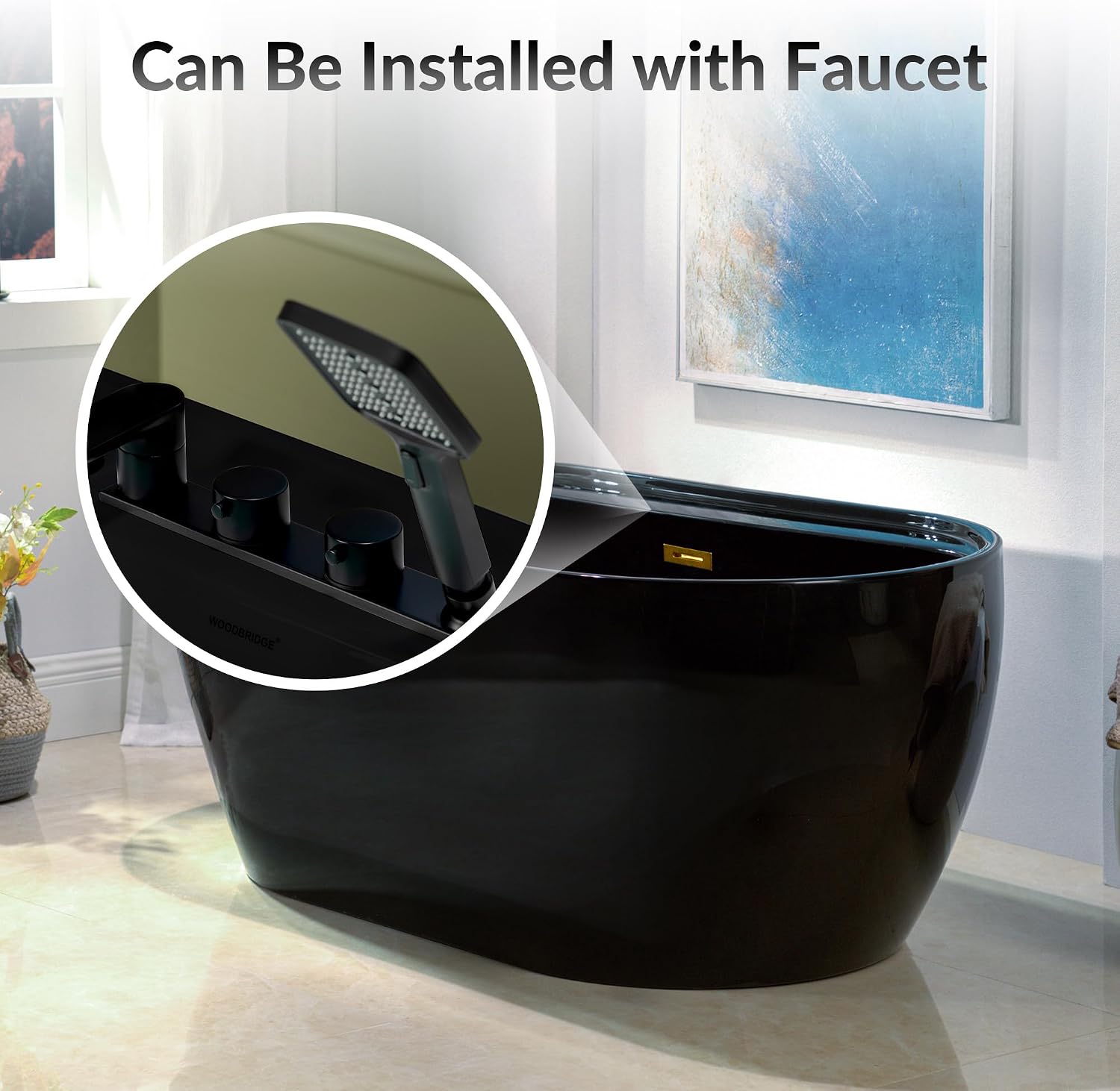 WOODBRIDGE 59' L x 31-1/2' W Freestanding Contemporary Acrylic Soaking Bathtub in Glossy Black Inside and Outside with Brushed Gold Drain & Overflow,B8864-BG