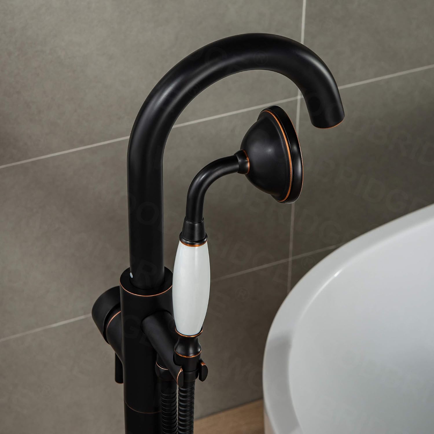 WOODBRIDGE Contemporary Single Handle Floor Mount Freestanding Tub Filler Faucet with Hand Shower in (Oil Rubbed Bronze) Finish,F0010-ORBVT