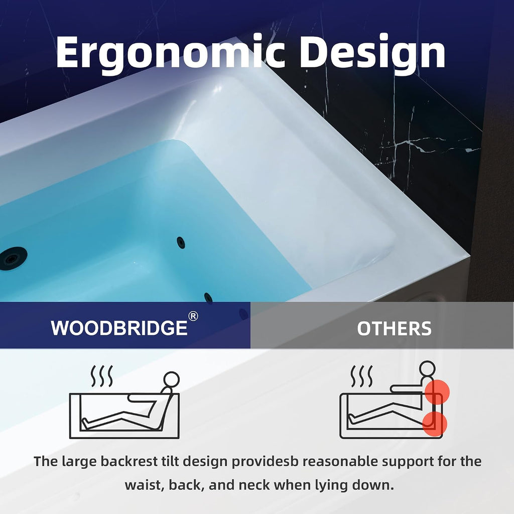 WOODBRIDGE 60' x 30' Alcove Acrylic Rectangular Whirlpool Heated Jetted Tub in White with Left Drain, Matte Black Finish, BS428-L-MB02