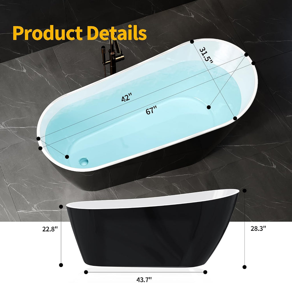 67 Inch Acrylic Freestanding Bathtub, Deep Soaking Tub with One End Raised, White Interior Black Exterior, Modern Stand Alone Acrylic Tub for Home, Bathroom, Chrome Pop-Up Drain and Overflow