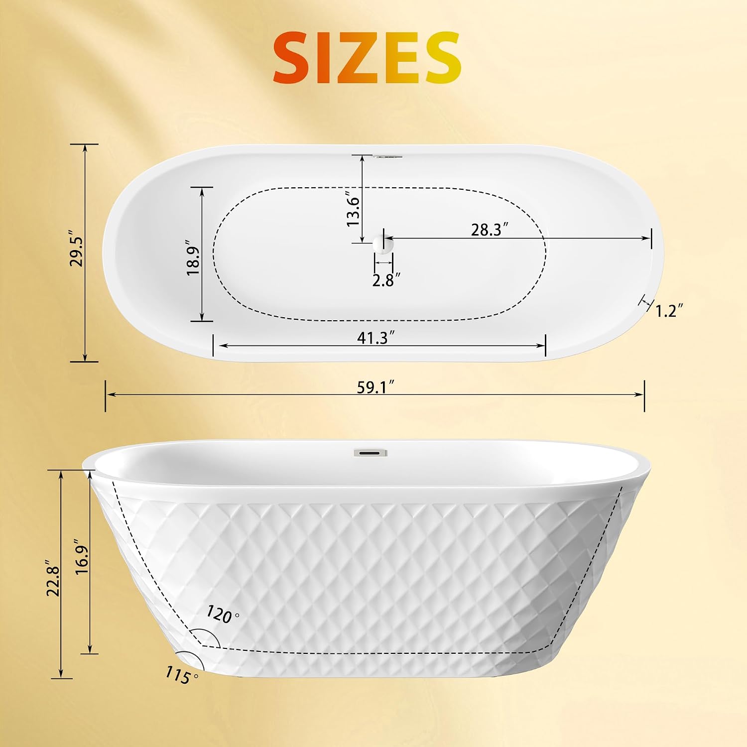 59' Acrylic Freestanding Bathtub, Diamond Pattern Soaking Tub with Chrome Overflow and Pop-Up Drain, Oval Gloss White Finish, CUPC Certified