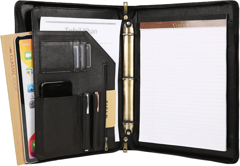 Leather Binder 3 Ring, Oil Tanned Portfolio with Notepad, Zippered Padfolio for Lawyer, Business Gift for Men/Women (Black, Non-Custom)