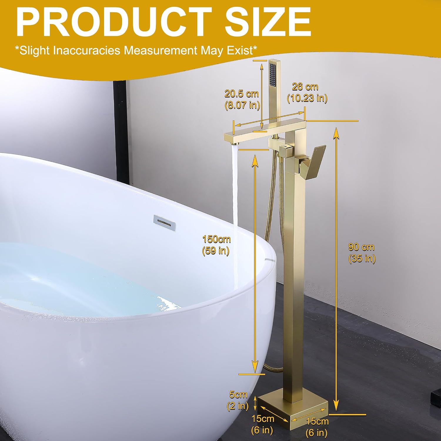 Freestanding Bathtub Faucet Brushed Gold, Floor Mounted Tub Filler Tub Faucet, 304 Stainless Steel Free Standing Tub Faucets with Hand Shower, SE-3003-BG