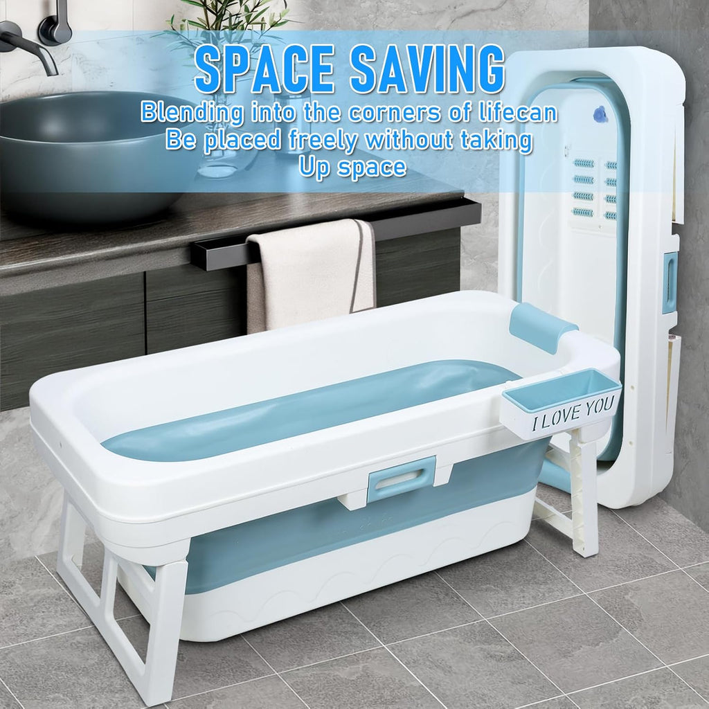 Portable Bathtub, 58/56/50/46 Inch Collapsible Bathtub, Freestanding Foldable for Adults, Folding Tub for Shower, Hot Bath, Ice Bath (Blue-C-130cm)