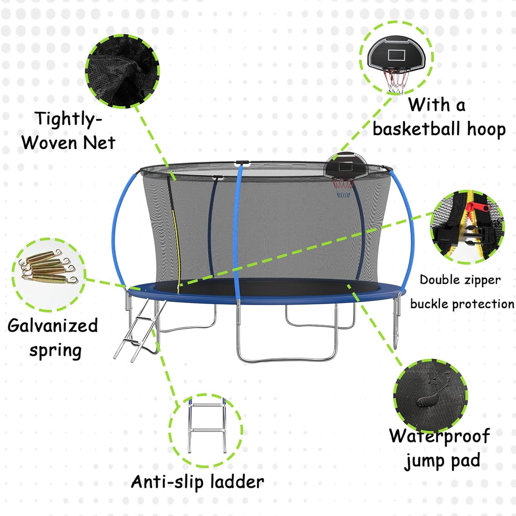 Tranpoline 10FT 12FT 14FT 16FT Tranpoline for Kids with Safety Enclosure Net Recreational Tranpoline for Adults ASTM Approval Backyard Outdoor Tranpoline with Basketball Hoop