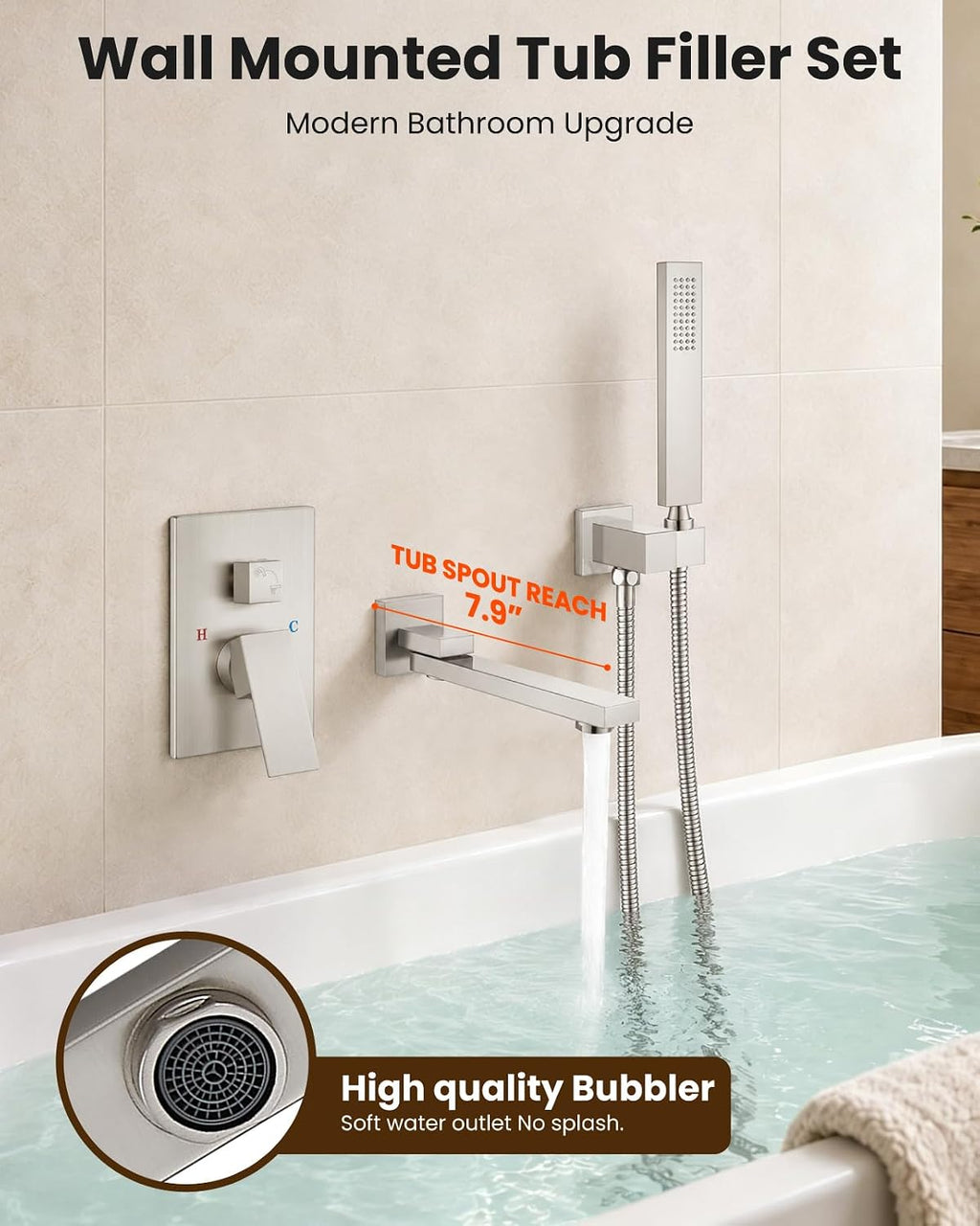 gotonovo Wall Mounted Bathtub Faucet with Hand Held Sprayer,Tub Shower Faucet Set,Single Handle Bathroom Shower System Mixer for Tub,Rough-In Valve Included Swivel Tub Spout Brushed Nickel
