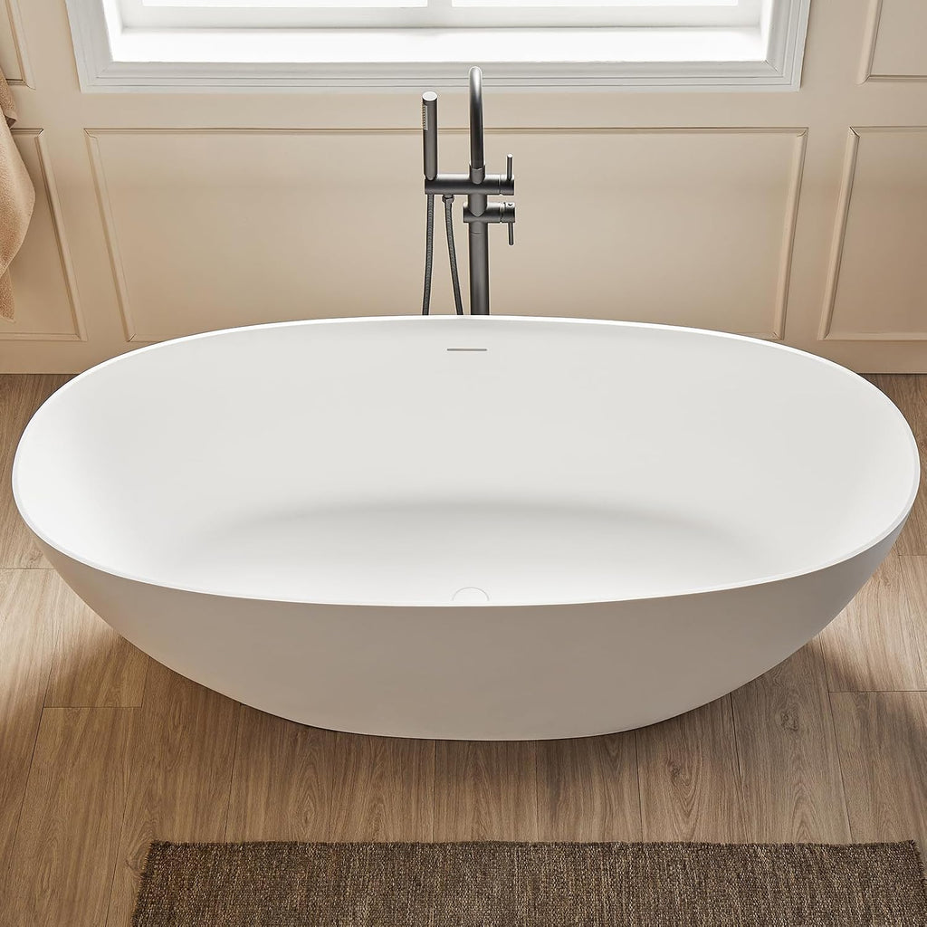 Cpingao 63' Solid Surface Freestanding Bathtub, Modern Oval Shape Soaking Tub, Stone Resin Stand Alone Bathtub with Drain & Integrated Slotted Overflow Matte White 8845-1600