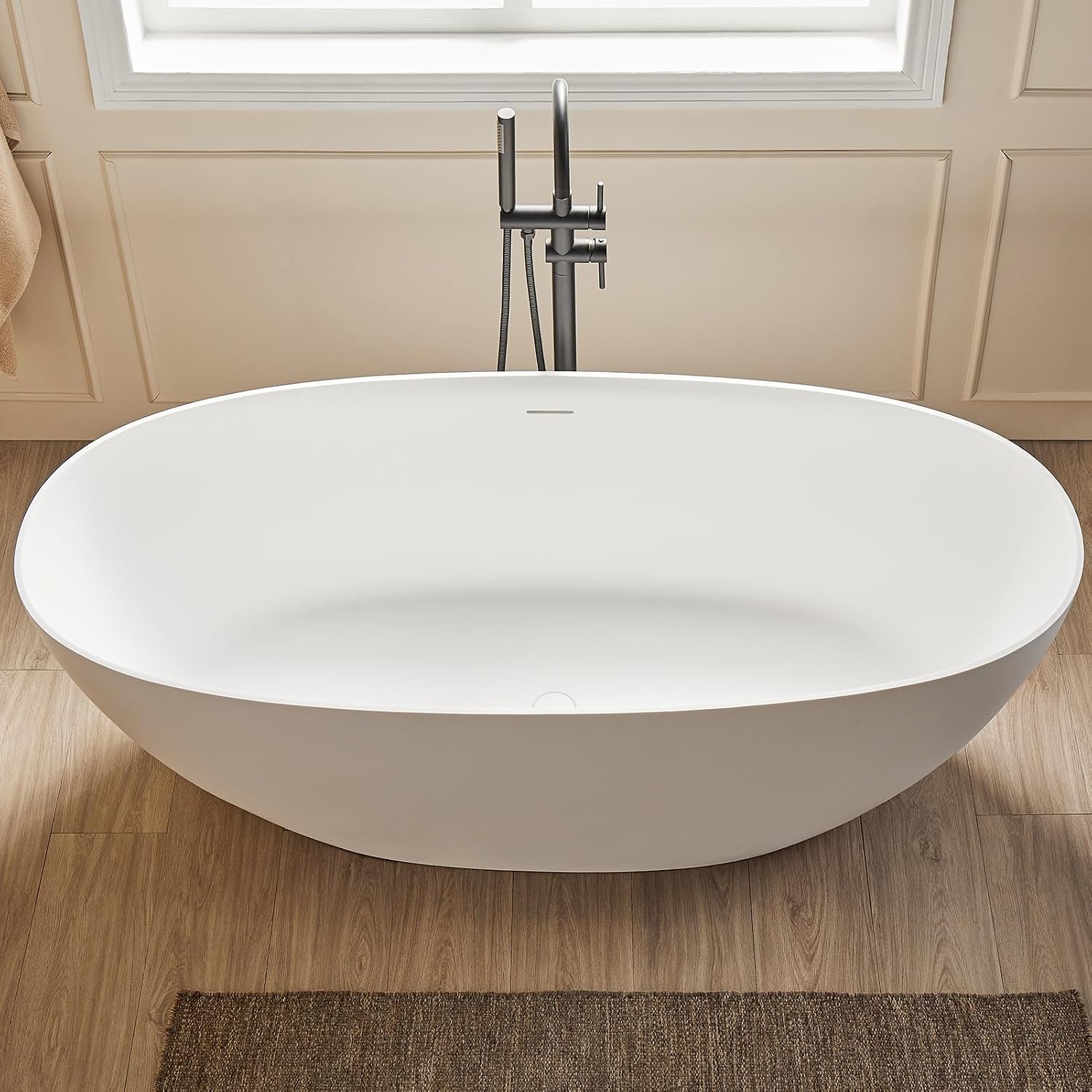 Cpingao 63' Solid Surface Freestanding Bathtub, Modern Oval Shape Soaking Tub, Stone Resin Stand Alone Bathtub with Drain & Integrated Slotted Overflow Matte White 8845-1600