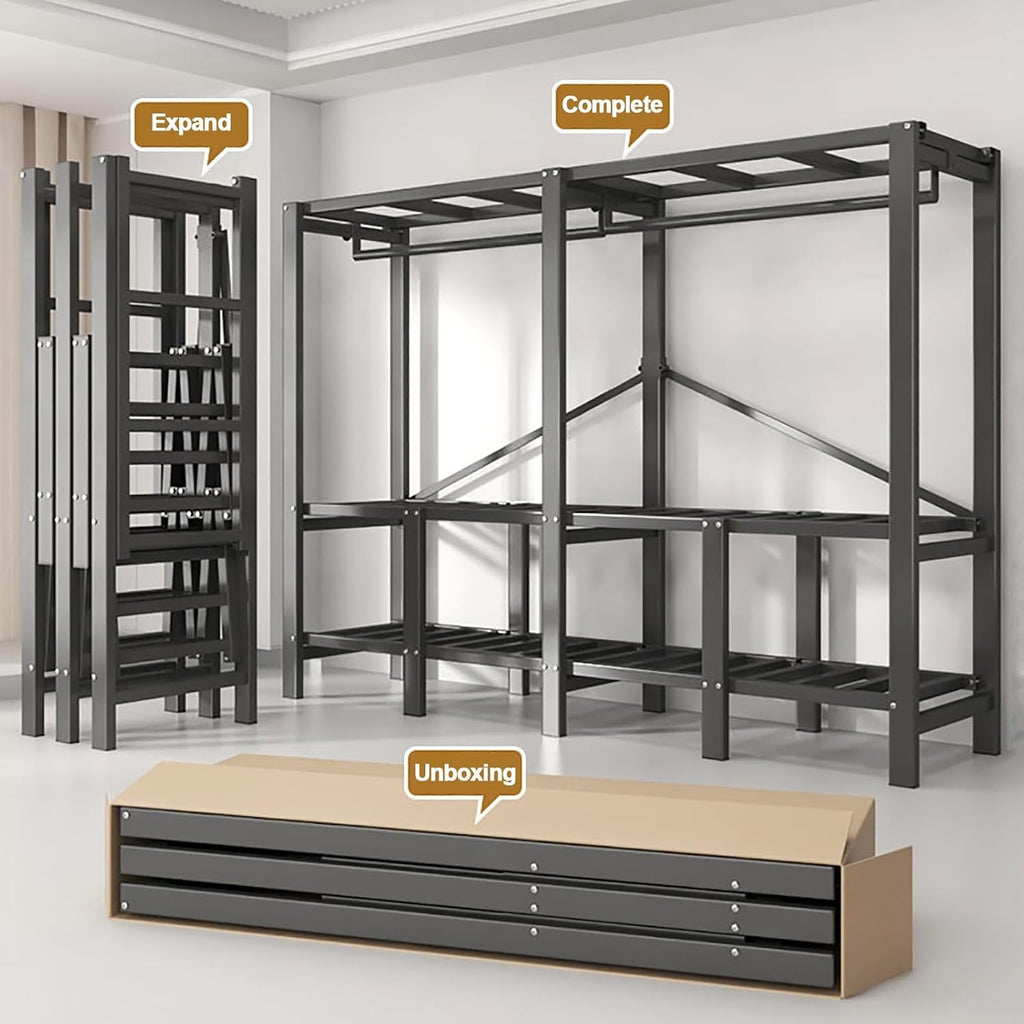 Portable Wardrobe Closet With Cover, Clothing Organizer Wardrobe Rack Shelf, Metal Garment Rack For Hanging Clothes, Foldable Clothes Storage Closet, For Bedroom(Green,150x170x50cm)