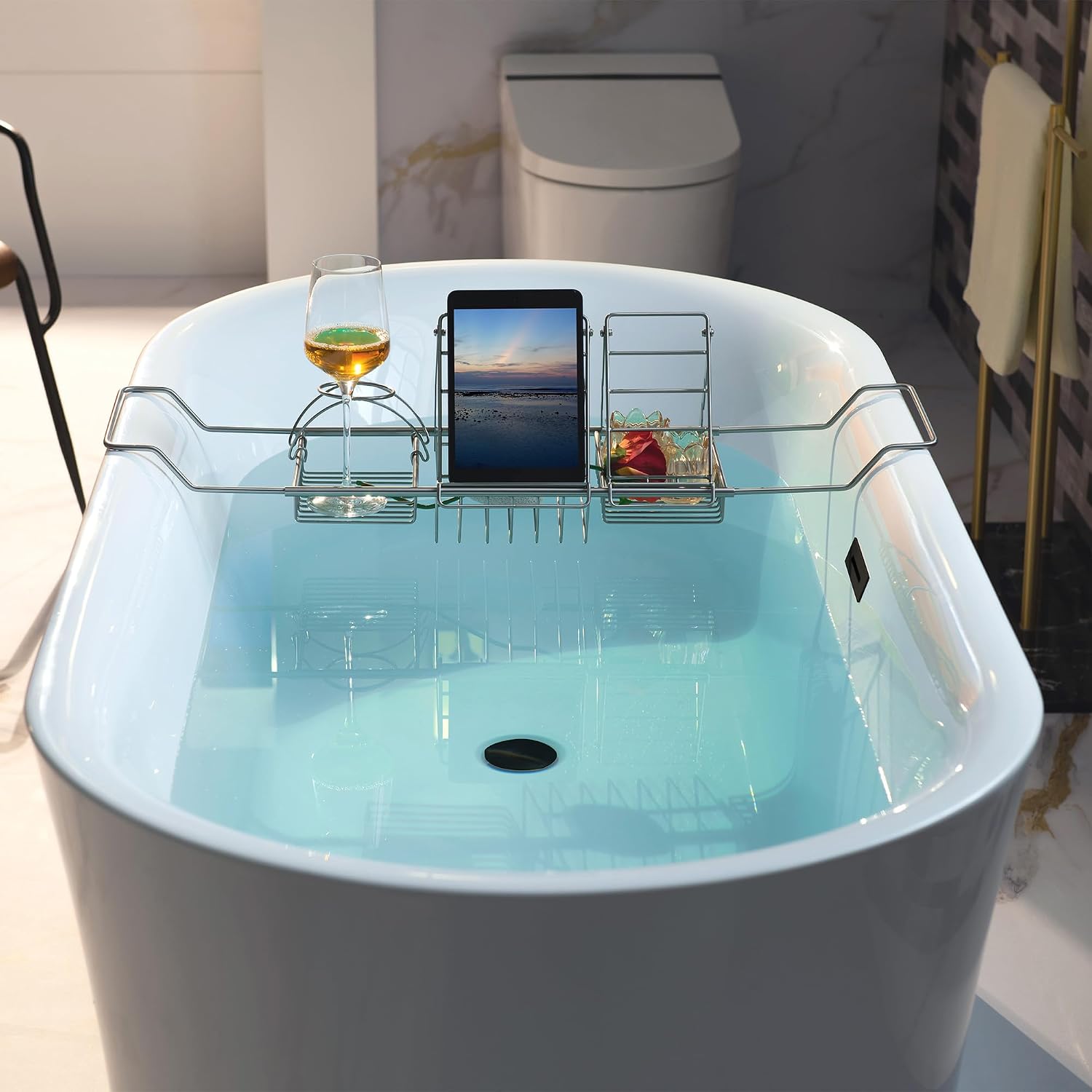 WOODBRIDGE 59' Acrylic Freestanding Bathtub Contemporary Soaking Tub with Matte Black Overflow and Drain,White Tub,B0058-MB