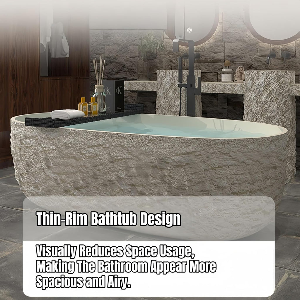 68' Edeyeu Freestanding Bathtub - Modern Solid Surface Bathtub Soaker Tub with Extra Deep Design, Durable One-Piece Stand Alone Tub for Spa-Like Soaking Experience, with Drain rock color