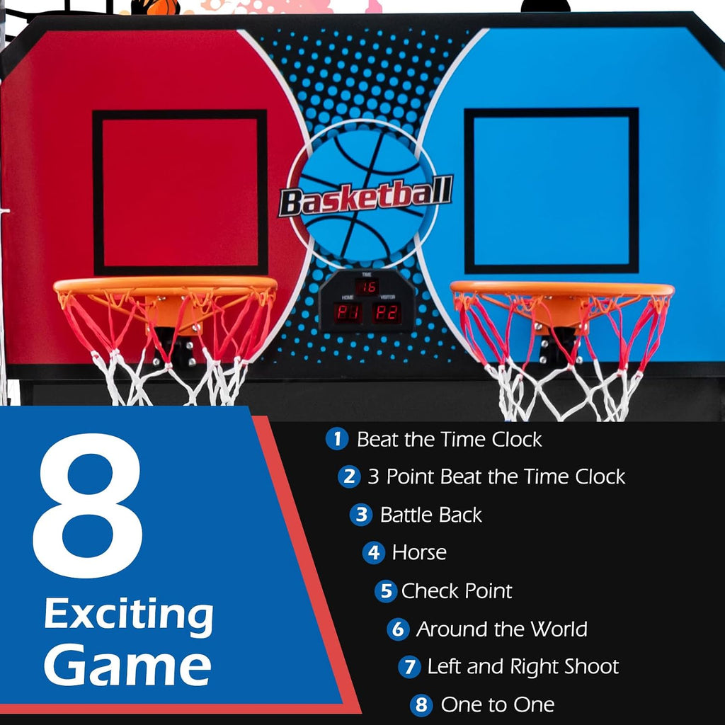 Goplus Foldable Dual Shot Basketball Arcade Game, Electronic Basketball Hoop w/LCD Scoreboard, 8 Game Modes, 4 Balls, Indoor Outdoor Basketball Game Machine for Adults (Red+Navy)