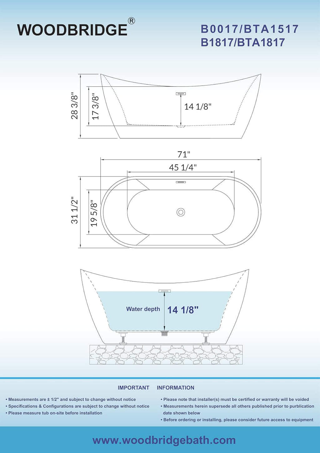 WOODBRIDGE 71' Acrylic Freestanding Bathtub Contemporary Soaking Black Tub with Matte Black Overflow and Drain,Black,B1817-MB