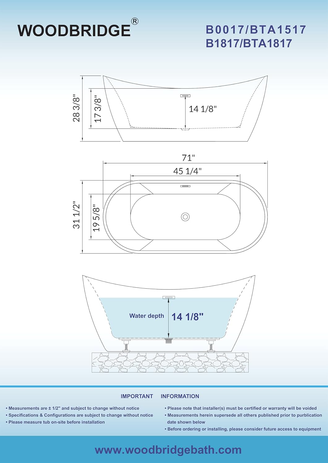 WOODBRIDGE 71' Acrylic Freestanding Bathtub Contemporary Soaking Black Tub with Matte Black Overflow and Drain,Black,B1817-MB