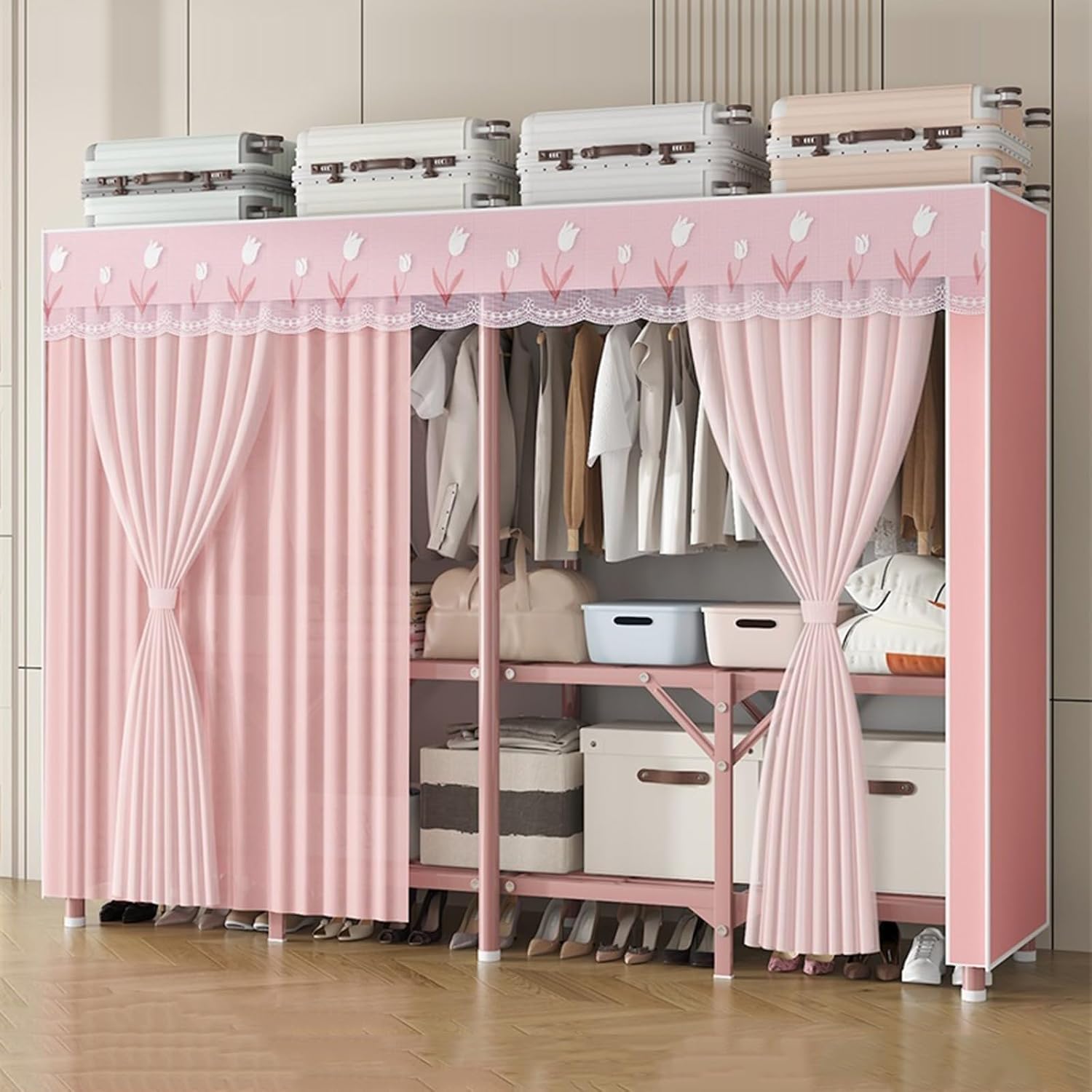 Metal Freestanding Armoire Wardrobe Clothes Rack with Fabric Cover, Portable Wardrobe Closet for Hanging Clothes, Large Capacity Garment Rack Clothes Organizer with Shelves,