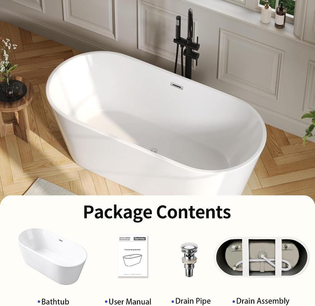 DeerValley 67' Acrylic Freestanding Bathtub, Deep Soaking Tub with Center Drain & Integrated Overflow, White Free Standing Tub, Stand alone Shower Tub with Ergonomic Design, DV-1T133S