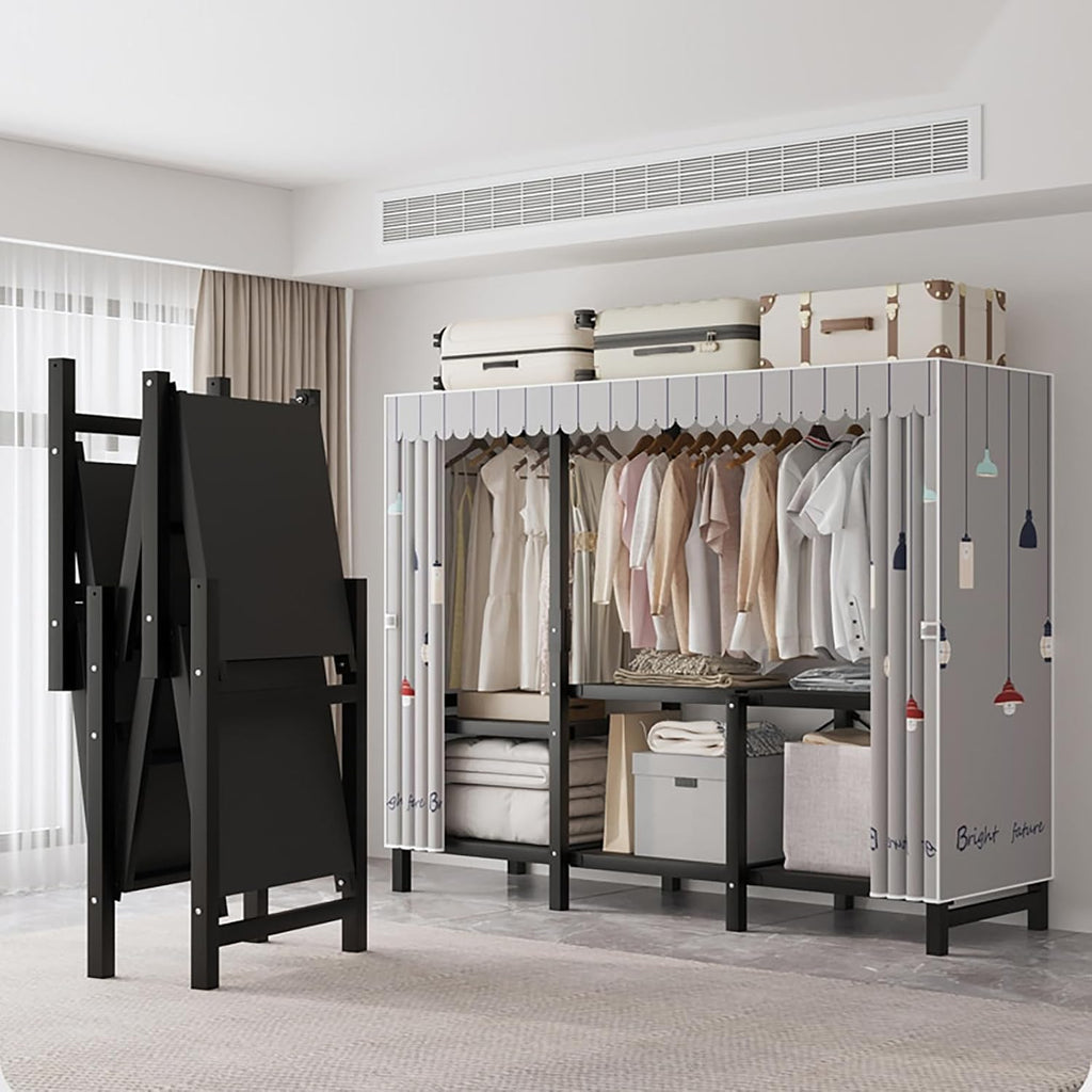 Free Standing Closet Organizer, Heavy Duty Wardrobe Closet Clothing Rack with Storage Shelvels, Carbon Steel & Oxford Cloth Cover, Dustproof, Storage Garment Rack for Bedroom, 600lbs (Black)
