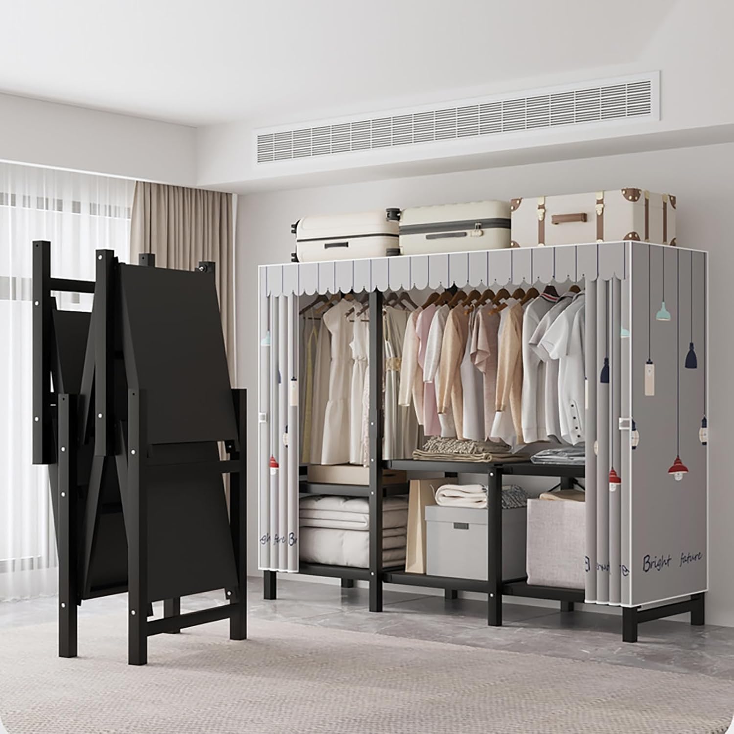 Free Standing Closet Organizer, Heavy Duty Wardrobe Closet Clothing Rack with Storage Shelvels, Carbon Steel & Oxford Cloth Cover, Dustproof, Storage Garment Rack for Bedroom, 600lbs (Black)