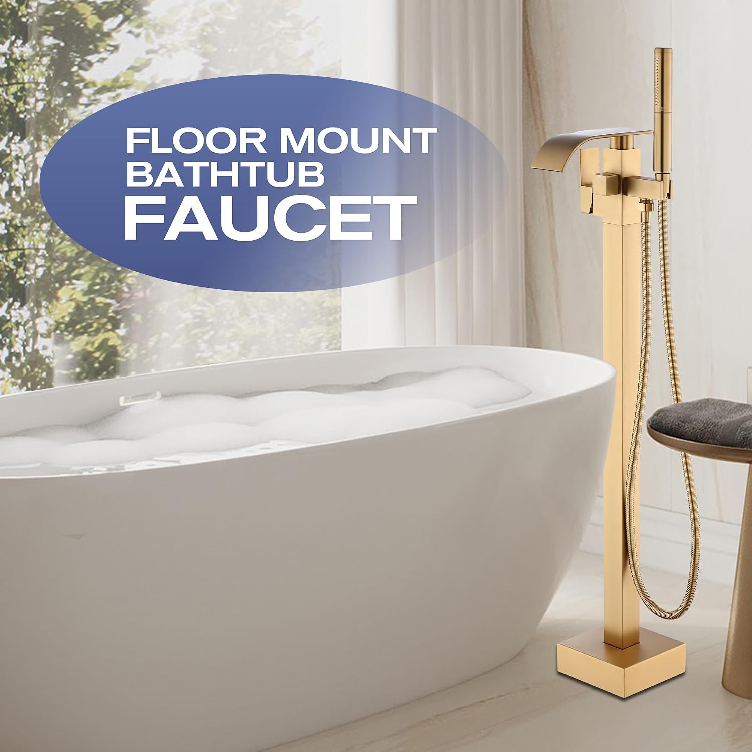 Waterfall Freestanding Bathtub Faucet, Floor Mount Bathroom Tub Filler Shower Faucets with Handheld Sprayer, Brushed Gold