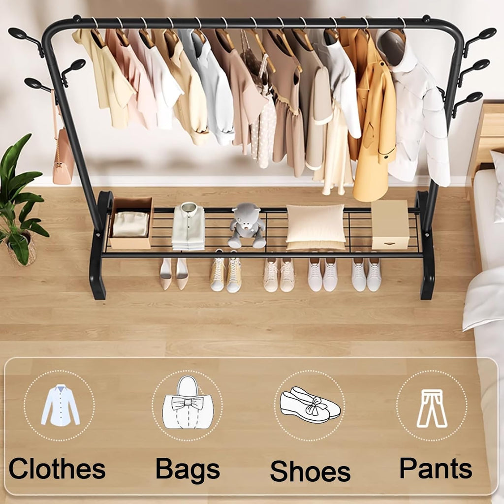 Clothes Rack,Clothing Rack For Hanging Clothes,Metal Garment Rack With Storage Shelf,Free Standing Multi-Functional Coat Rack With Hooks,Black(130cm/51.2in)