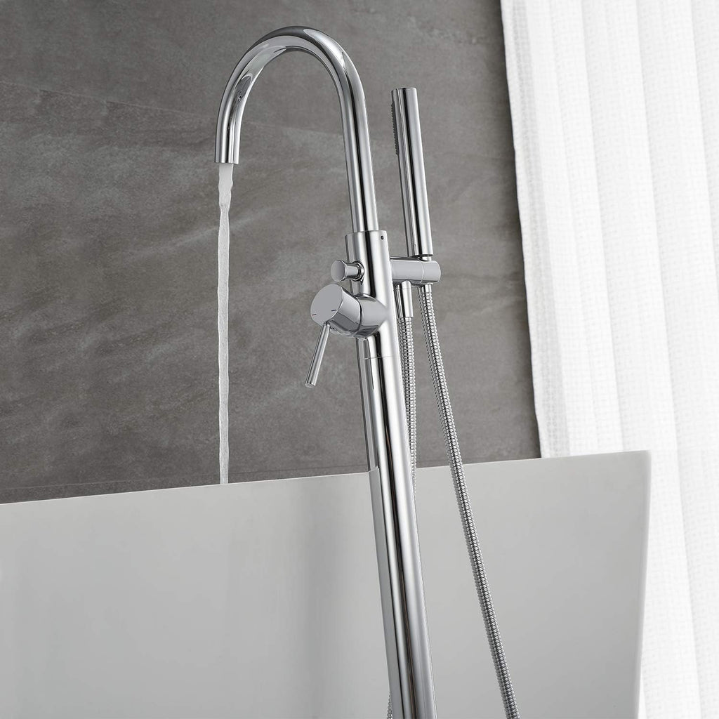 Freestanding Tub Filler Bathtub Faucet Chrome Single Handle Floor Mounted Faucets with Handheld Shower