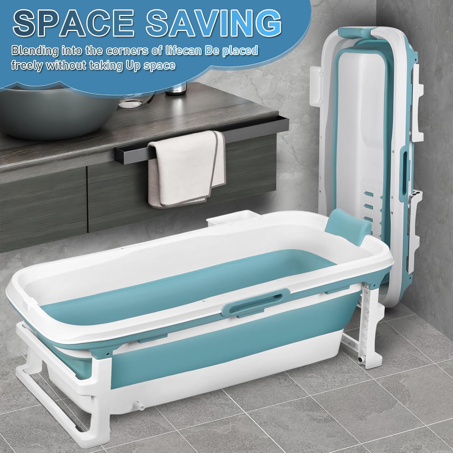 51' Portable Folding Bathtub, Soaking Bath Tub for adult, Foldable Tub with Thermal Cover, Massage Roller, Hollow Hand Holes, Freestanding Large Collapsible Tub (Blue)