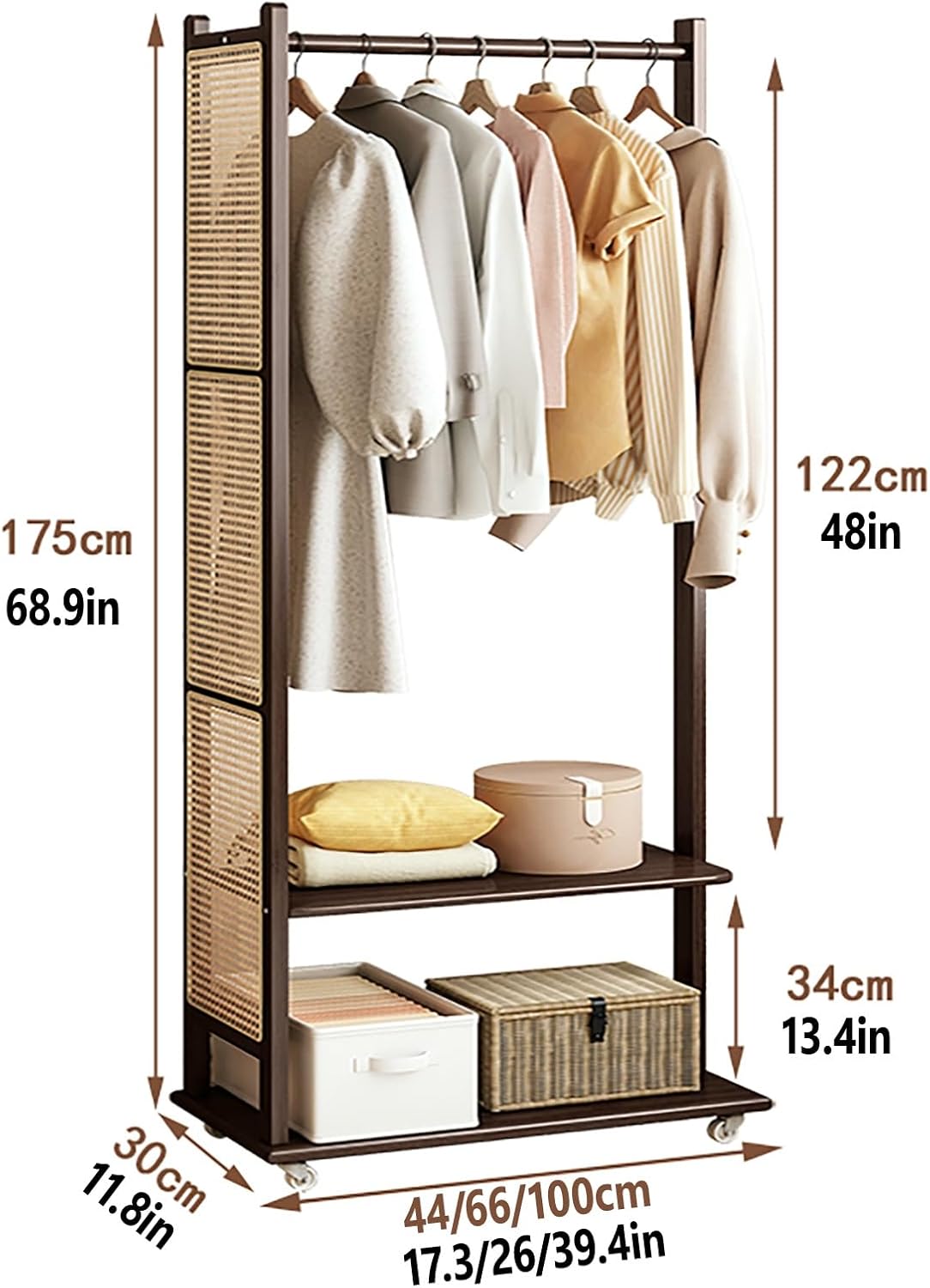 Heavy Duty Clothes Rack With 2 Shelves,solid Wood Garment Racks With Wheels,Clothing Rack For Hanging Clothes,Rolling Hanger Racks For Bedroom(Walnut,66cm/26in)