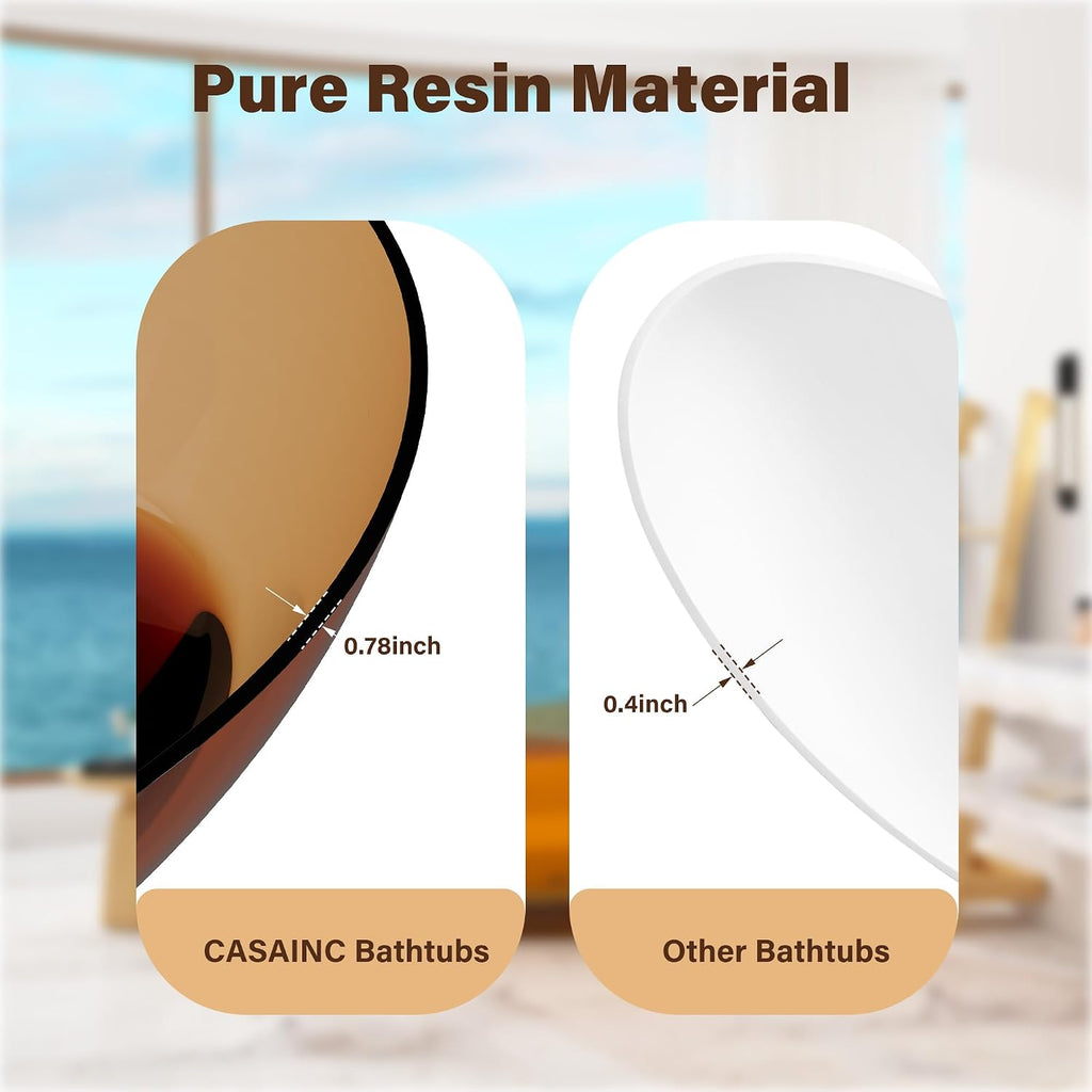 CASAINC 63' Freestanding Bathtub Transparent Resin Soaking Tub Modern Oval Design Stand Alone Tub with Pop-up Drain, 65.52 Gallons Water Storage Capacity and 385 MM Soaking Depth, Transparent Coffee