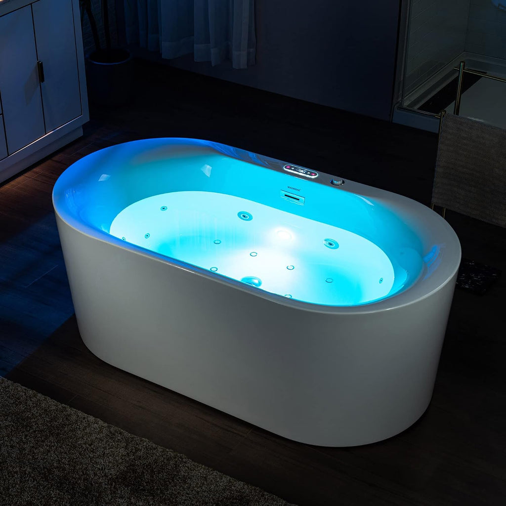 WOODBRIDGE 59' x 31-1/2' Whirlpool Water Jetted and Air Bubble Freestanding Heated Soaking Combination Bathtub with LED control panel, BJ100, White | Whirlpool Water Jetted, Air Bubble, Heated Soaking, LED Control Panel
