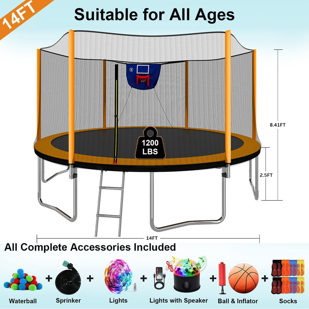 1500LBS 10FT 12FT 14FT 15FT 16FT Trampoline with LED Lights, Sprinkler, Music Speaker and Socks, ASTM Approved Outdoor Trampoline for Kids and Adults, Backyard Trampolines with Net Enclosure