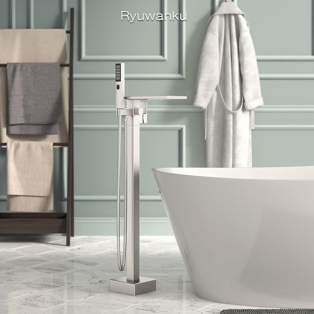 Freestanding Bathtub Faucet with Handheld Sprayer, Brushed Nickel Floor Mount Tub Filler, High Flow Waterfall Brass Bath Shower Faucet for Modern Bathroom