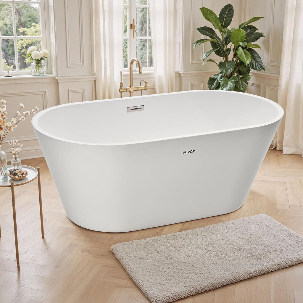 VEVOR Acrylic Freestanding Bathtub, 59 Inch Contemporary Soaking White Tub with Brushed Nickel Overflow and Drain, Elegant Oval Shape Stand Alone Soaker Tub for Modern Bathroom or Remodel Projects
