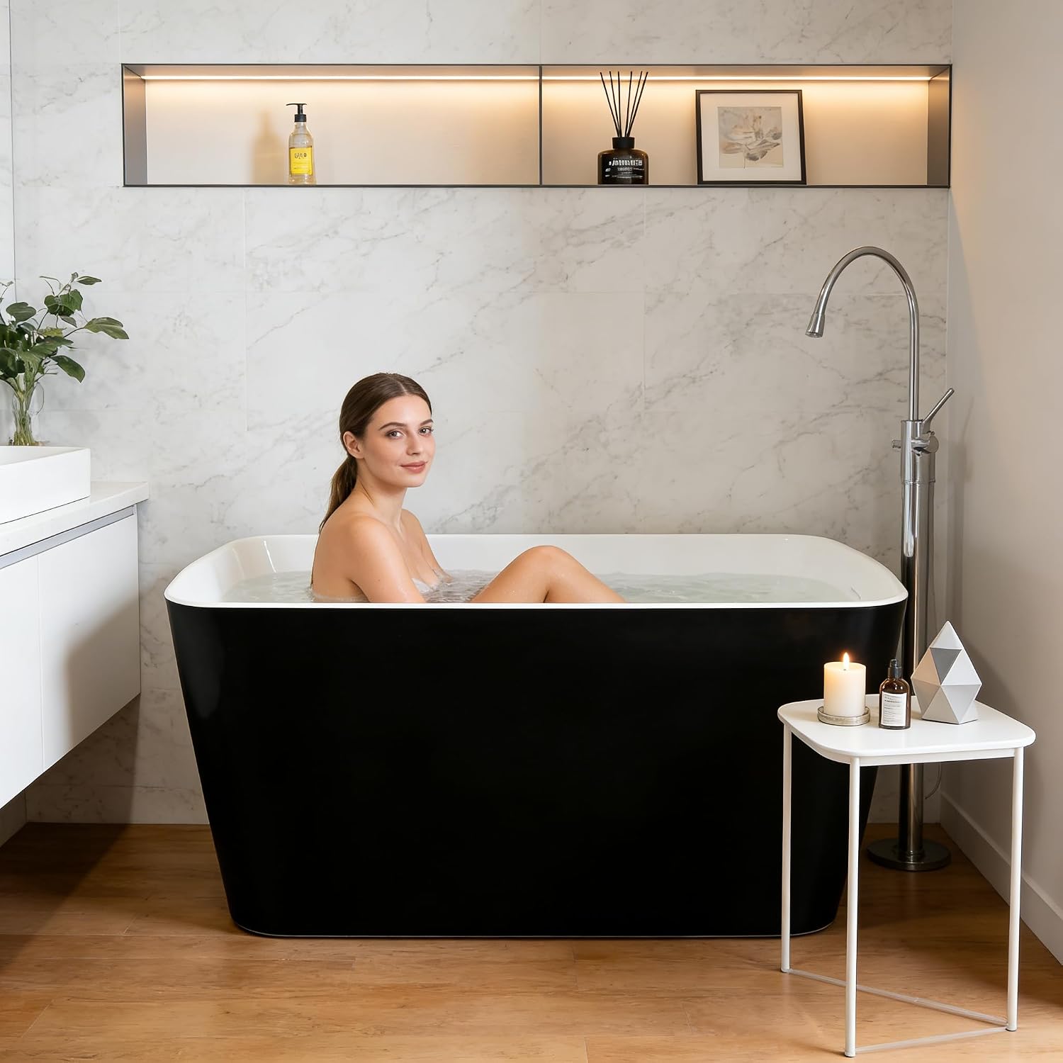 49 in Acrylic Freestanding Bathtub, Freestanding Soaking Bathtub with Double Wall Insulation, Ergonomic Deep Design, Matte Drain and Overflow, Easy Installation, Modern Bath Tub, CUPC Certified
