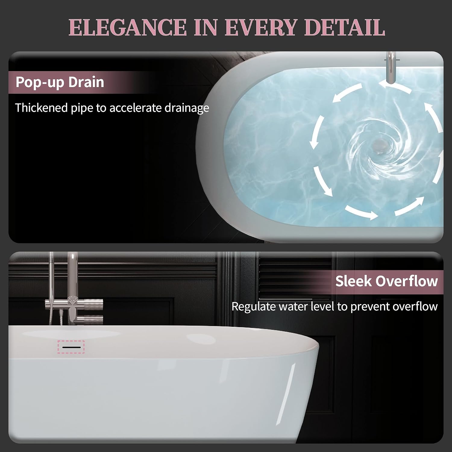 ABRUZZO 63' Acrylic Freestanding Bathtub - Oval Deep Soak Tub, Center Drain & Overflow, cUPC Certified Glossy White
