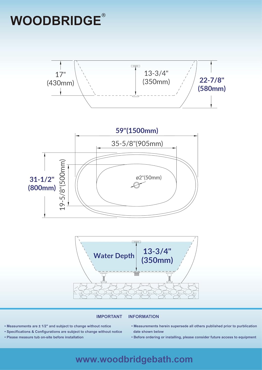 WOODBRIDGE 59' L x 31-1/2' W Freestanding Modern Acrylic Soaking Bathtub in Glossy Black Inside and Matte Black Drain & Overflow