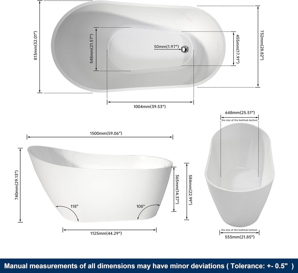 59' High-Back Acrylic Freestanding Bathtub, Stand Alone Tub, Soaking Tubs for Bathroom, Free Standing Tub with Integrated Overflow and Drain, cUPC Certified, Gloss White