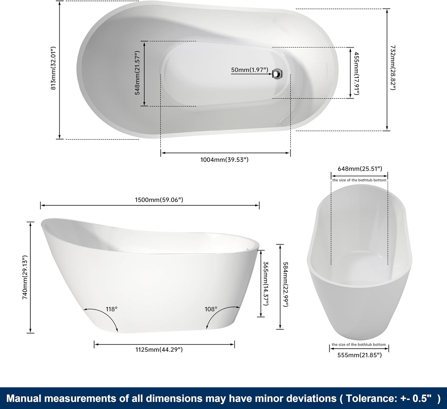 59' High-Back Acrylic Freestanding Bathtub, Stand Alone Tub, Soaking Tubs for Bathroom, Free Standing Tub with Integrated Overflow and Drain, cUPC Certified, Gloss White