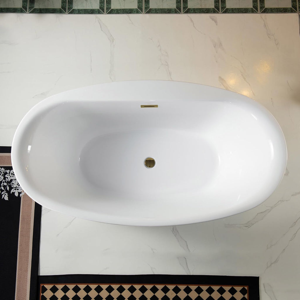 WOODBRIDGE 66' Acrylic Freestanding Bathtub Contemporary Soaking White Tub with Brushed Gold Overflow and Drain，B0027-BG