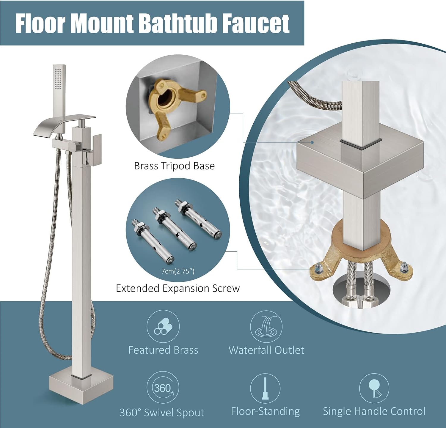 Aolemi Freestanding Bathtub Faucet Floor Mount Tub Filler Waterfall Free Standing High Flow with Handheld Shower Mixer Taps Swivel Spout Brushed Nickel