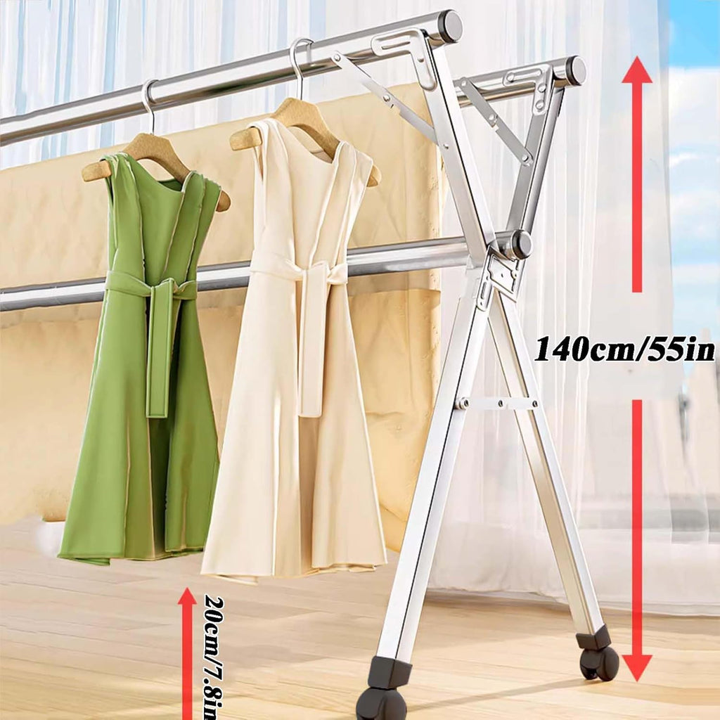 Clothes Drying Rack for Laundry, Stainless Steel Garment Rack, Foldable & Collapsible Laundry Drying Rack, Length Adjustable Space Saving Garment Rack, for Indoor Outdoor