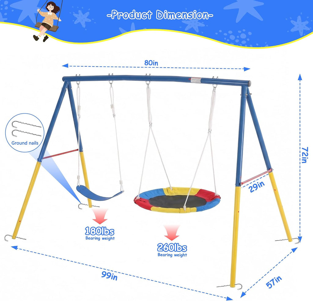 Swing Set for Backyard with Stand, Playground Swing Heavy Duty 440lbs Metal Outdoor Swing Stand, Contain 1 Saucer 32' & 1 Belt seat 26.2' - Backyard Playset