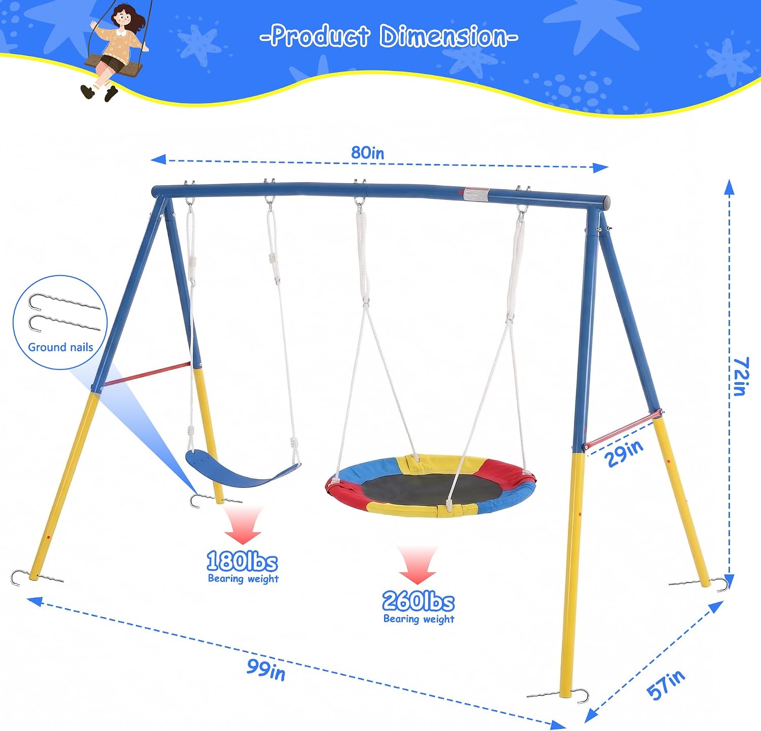 Swing Set for Backyard with Stand, Playground Swing Heavy Duty 440lbs Metal Outdoor Swing Stand, Contain 1 Saucer 32' & 1 Belt seat 26.2' - Backyard Playset