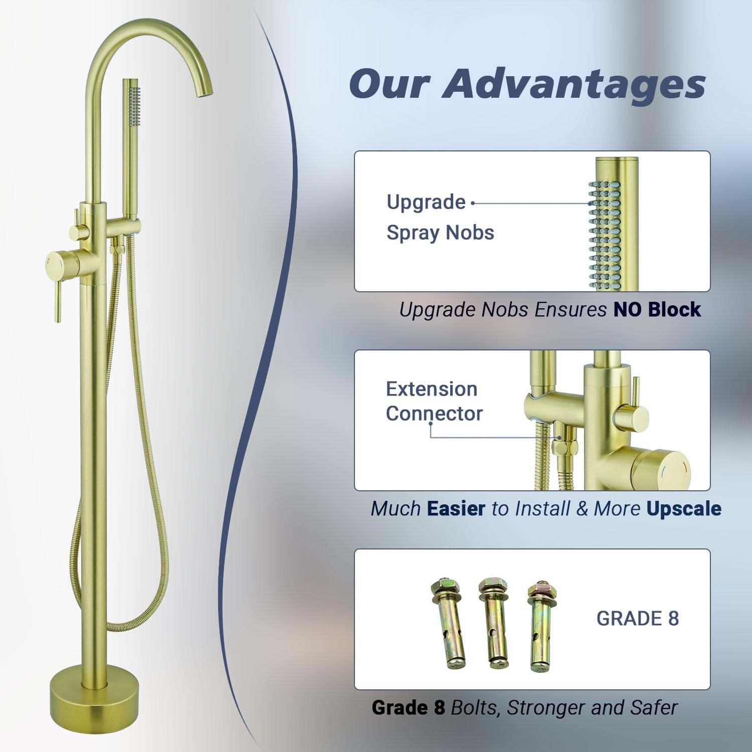 Free Standing Tub Faucet, Floor Mount Freestanding Tub Faucets, Brass Stand Alone Tub Filler, High Flow Bathtub Shower Mixer Tap (Brushed Gold)