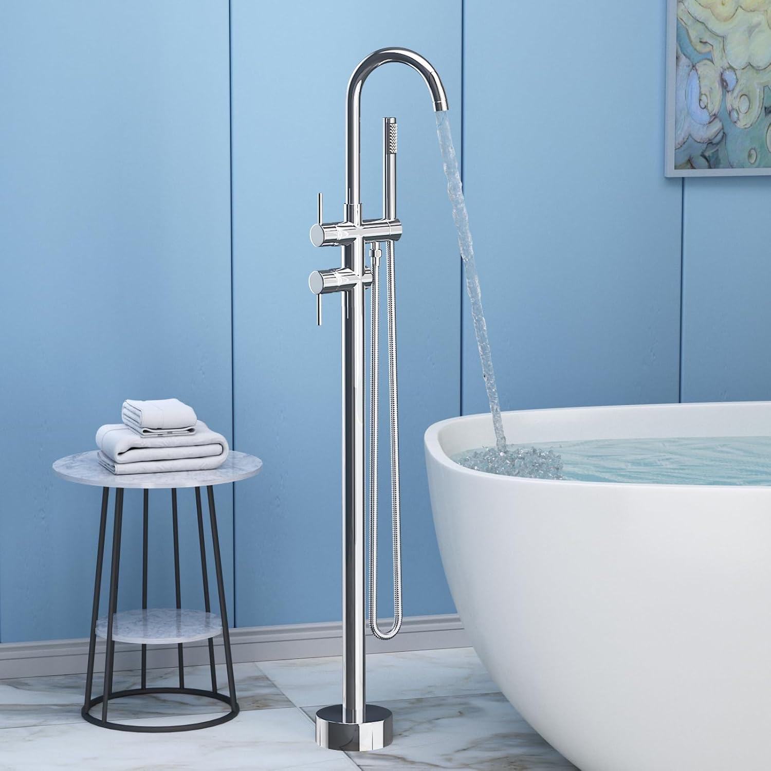 Freestanding Bathtub Faucet,Tub Filler Floor Mount Stand Bathtub Faucet Brass Bathroom Tub Faucets with 2 Function Hand Shower Wand Swivel Polished Chrome