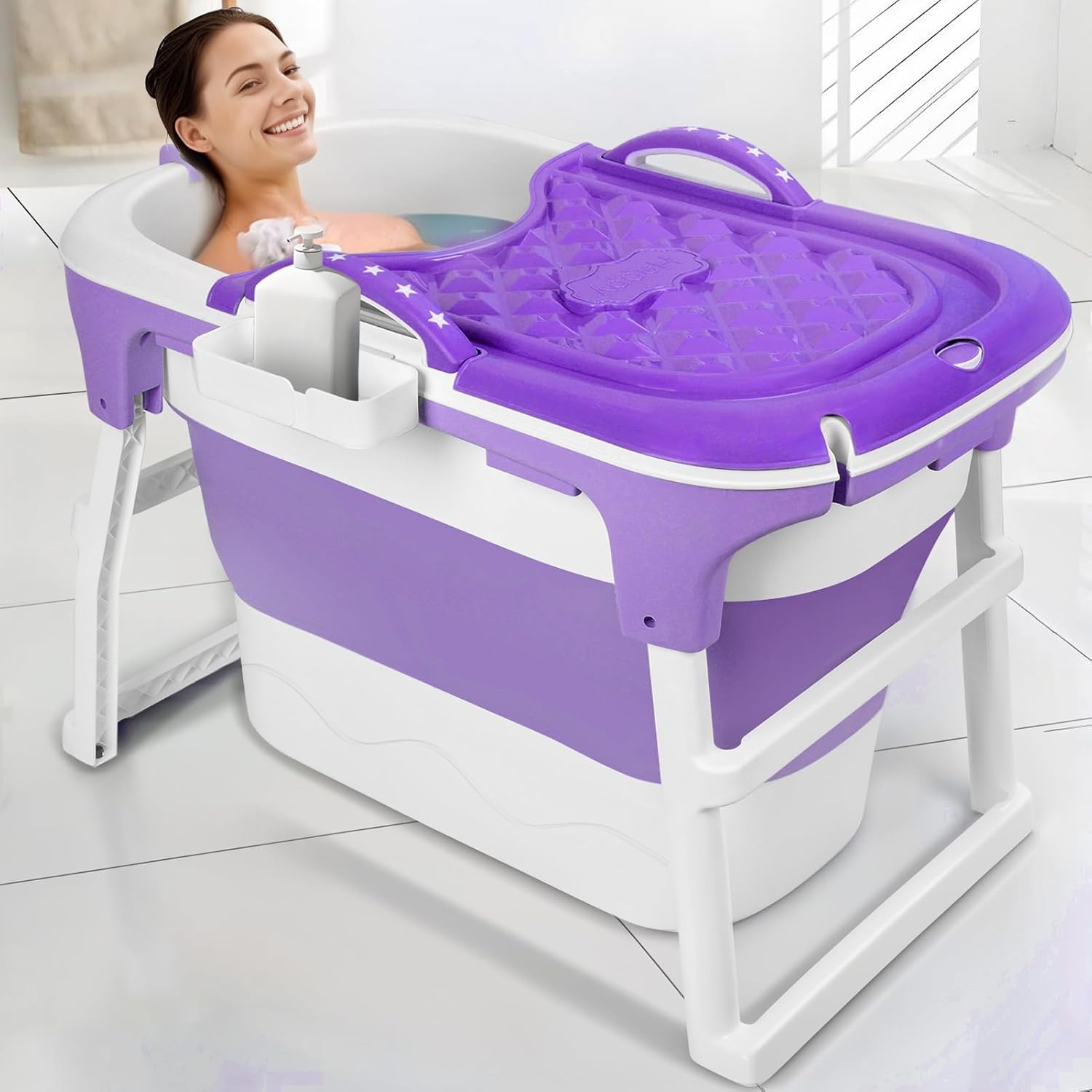 Portable Folding Bathtub, 39' Small Foldable Tub with Ergonomic Seat & Massage Roller, Freestanding Surround Collapsible Tub, Effortless Foldable Bathtub for Homes Apartments Purple